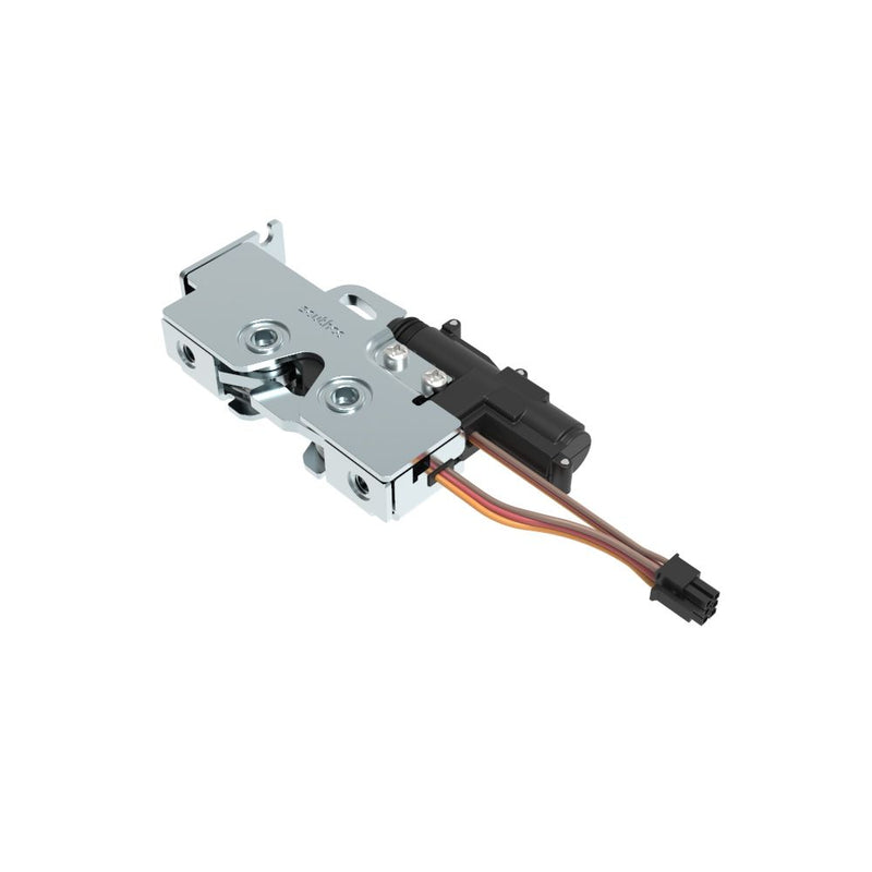 SOUTHCO Rotary Push-to-Close Latch, Medium Size, Single Stage with Switch and 12V Actuator, Bottom Trigger, Integrated Cable Mounting Bracket (for cable without spring), Integrated Bumper, Top Mount, Steel, Zinc Plate, Bright Chromate [R4-25-230-51B7-10]
