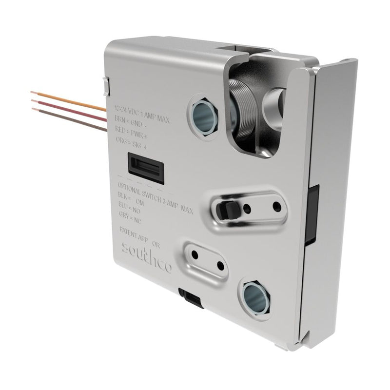 SOUTHCO Electronic Rotary Push-to-Close Latch, Delayed Relock, Rear Trigger, Without Latch Status Microswitch, No Connector, Thru Hole, Steel Housing, Nickel Plated [R4-EM-R732-132]