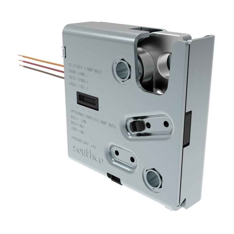 SOUTHCO Electronic Rotary Push-to-Close Latch, Delayed Relock, Rear Trigger, Without Latch Status Microswitch, No Connector, 1/4-20 Thread, Stainless Steel Housing, Passivated [R4-EM-R712-132-B]