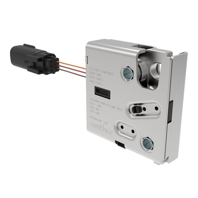 SOUTHCO Electronic Rotary Push-to-Close Latch, Delayed Relock, Rear Trigger, Without Latch Status Microswitch, Sealed Connector, Thru Hole, Steel Housing, Nickel Plated [R4-EM-R73-133]